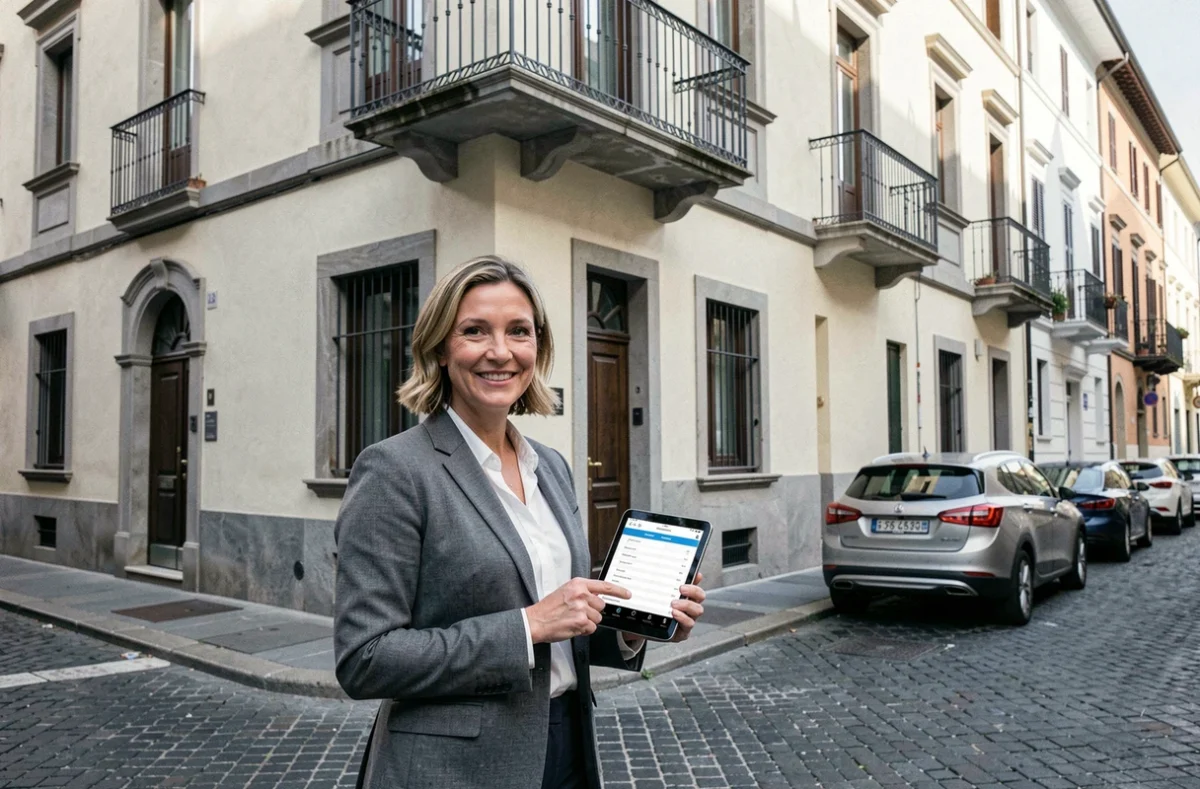 Consulente immobiliare davanti a un edificio residenziale italiano con tablet e dati catastali aggiornati