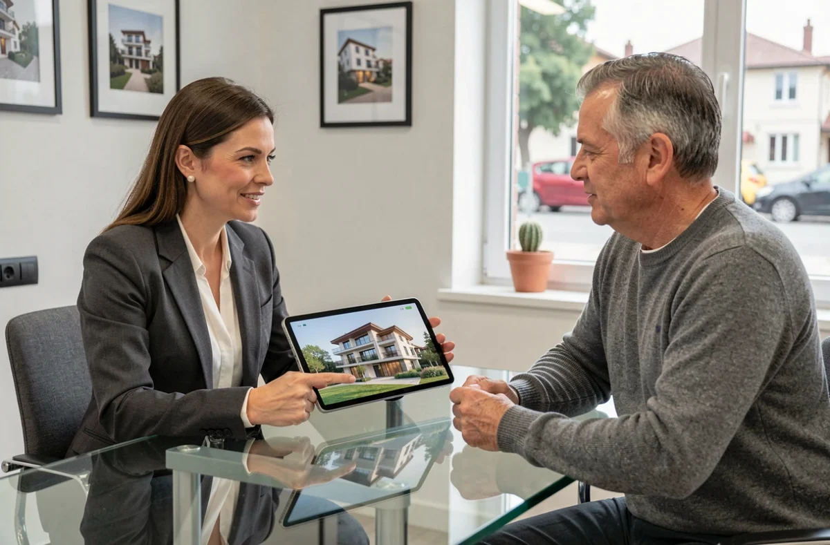 Consulente immobiliare italiana presenta appartamento in rendering digitale a un cliente, scenario del mercato edilizio 2026
