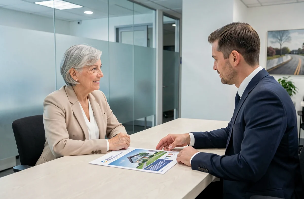 Donna anziana in consulenza con un consulente finanziario in banca per discutere ipoteca inversa e strategie di investimento pensionistico