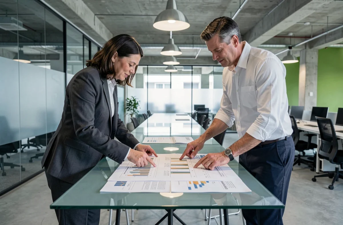 Due professionisti che discutono strategie di investimento azionario su un portfolio stampato in uno spazio co-working moderno