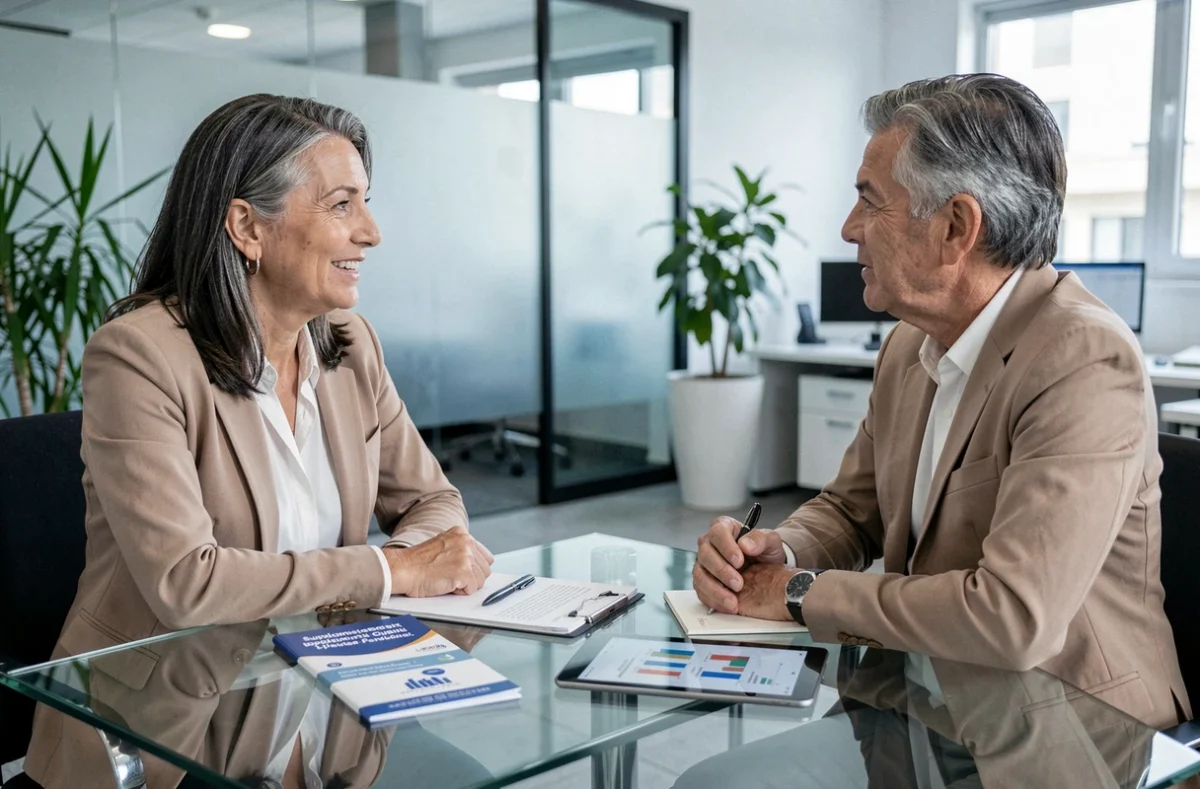 Donna italiana in consulenza finanziaria per la pensione complementare in una filiale bancaria moderna