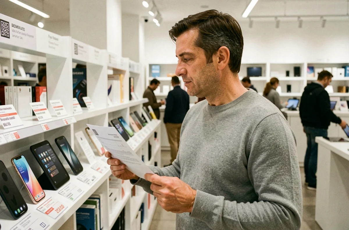 Un consumatore italiano valuta un modulo di richiesta credito al consumo in un negozio di elettronica, riflettendo sulle nuove regole del 2026
