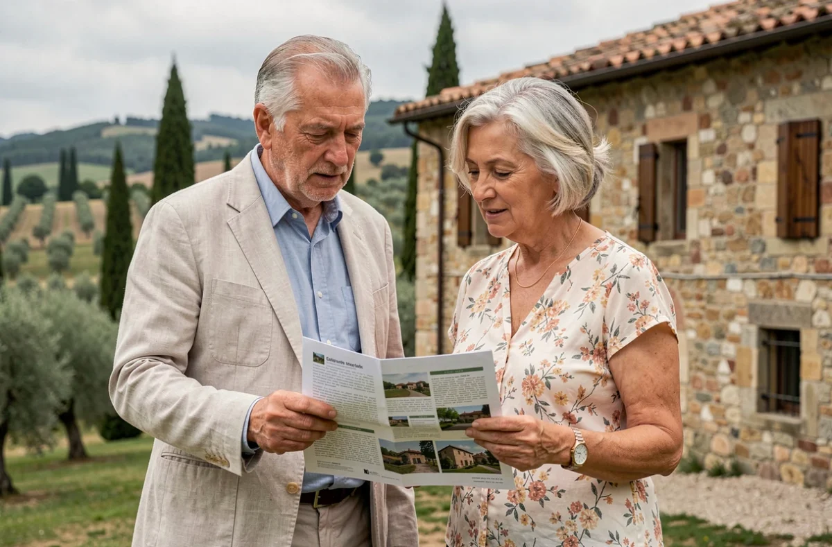 Coppia di acquirenti che valuta una casa colonica in pietra nella campagna toscana con brochure immobiliare