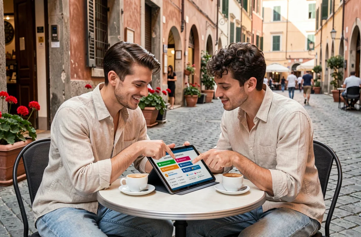 Coppia giovane che confronta servizi di banca online su tablet in un caffè all'aperto a Roma