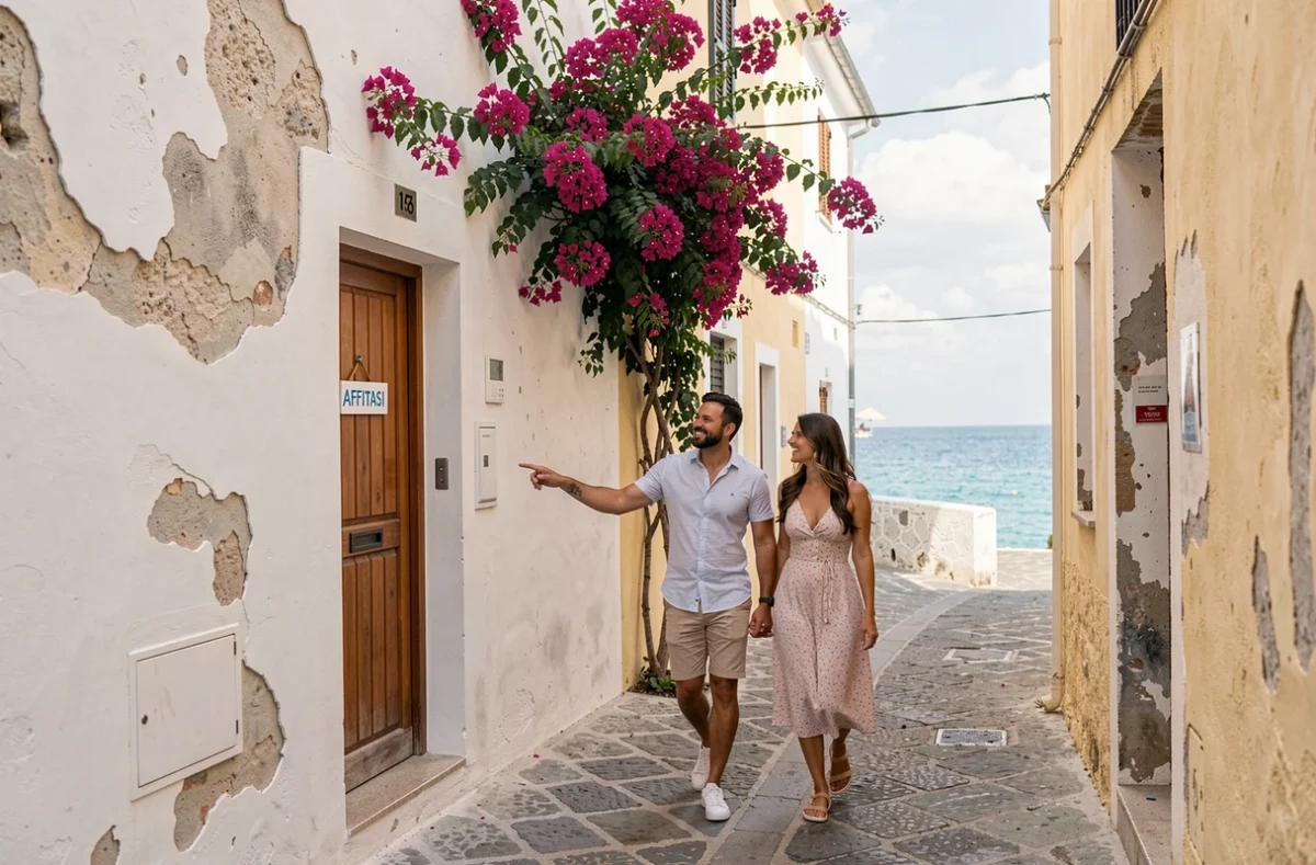 Coppia che visita una casa vacanza in affitto in un borgo costiero del Sud Italia, con vicolo in ciottoli, villetta bianca e vista sul mare