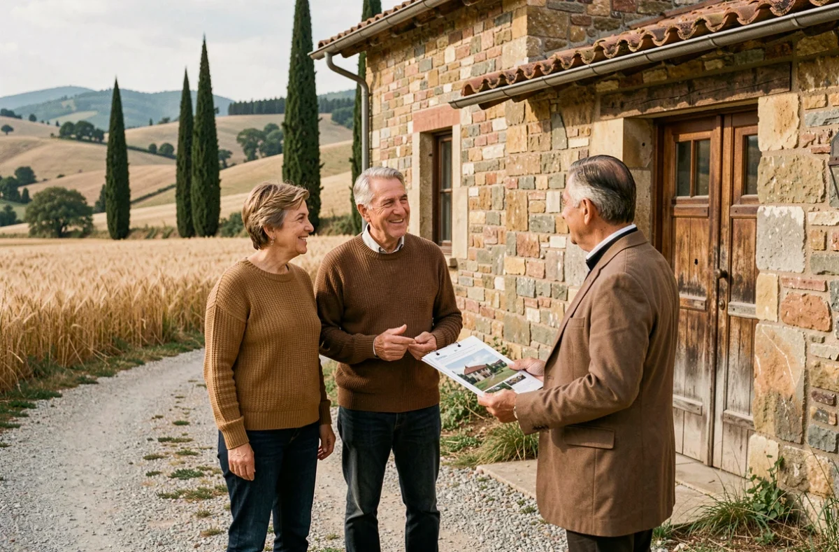 Coppia italiana visita casale in pietra in Toscana con agente immobiliare, investimento nel mercato rurale 2026