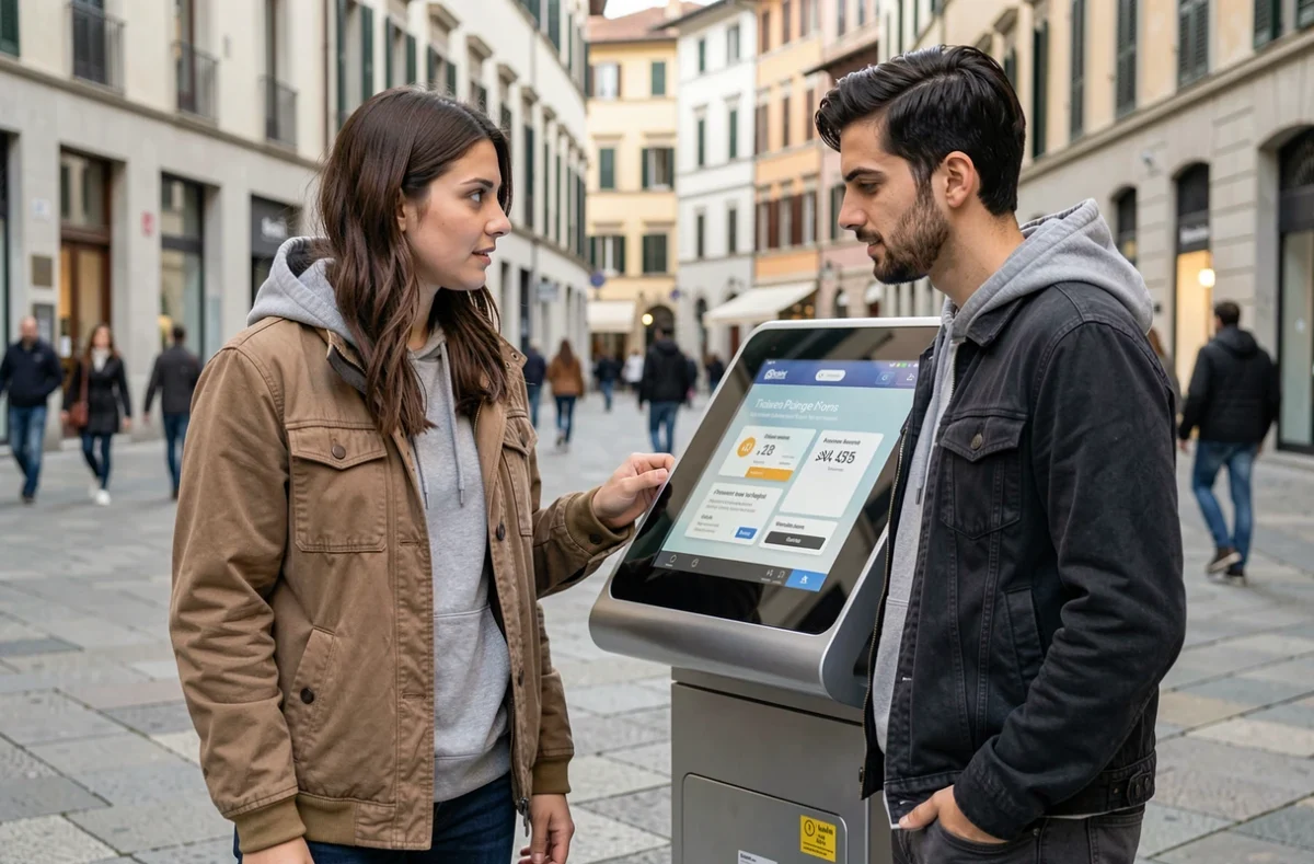 Coppia italiana giovane che interagisce con un chiosco di banca digitale in centro città nel 2026