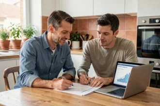 Coppia italiana che confronta offerte di mutuo casa su laptop e documenti cartacei al tavolo della cucina
