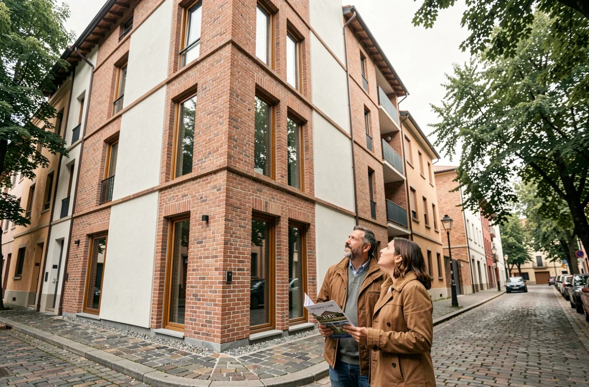 Coppia che osserva un nuovo edificio residenziale contemporaneo in Italia, simbolo delle tendenze immobiliari del 2026