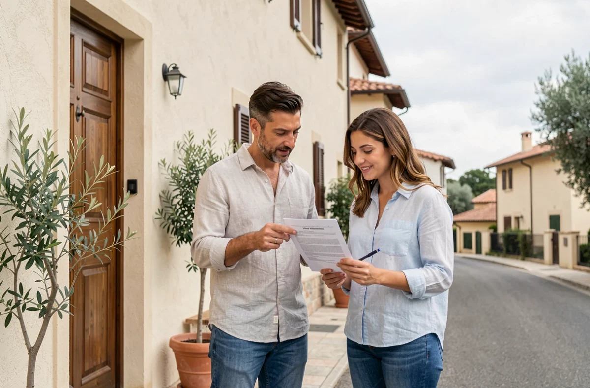 Coppia italiana che esamina il contratto di assicurazione davanti alla loro casa suburbana