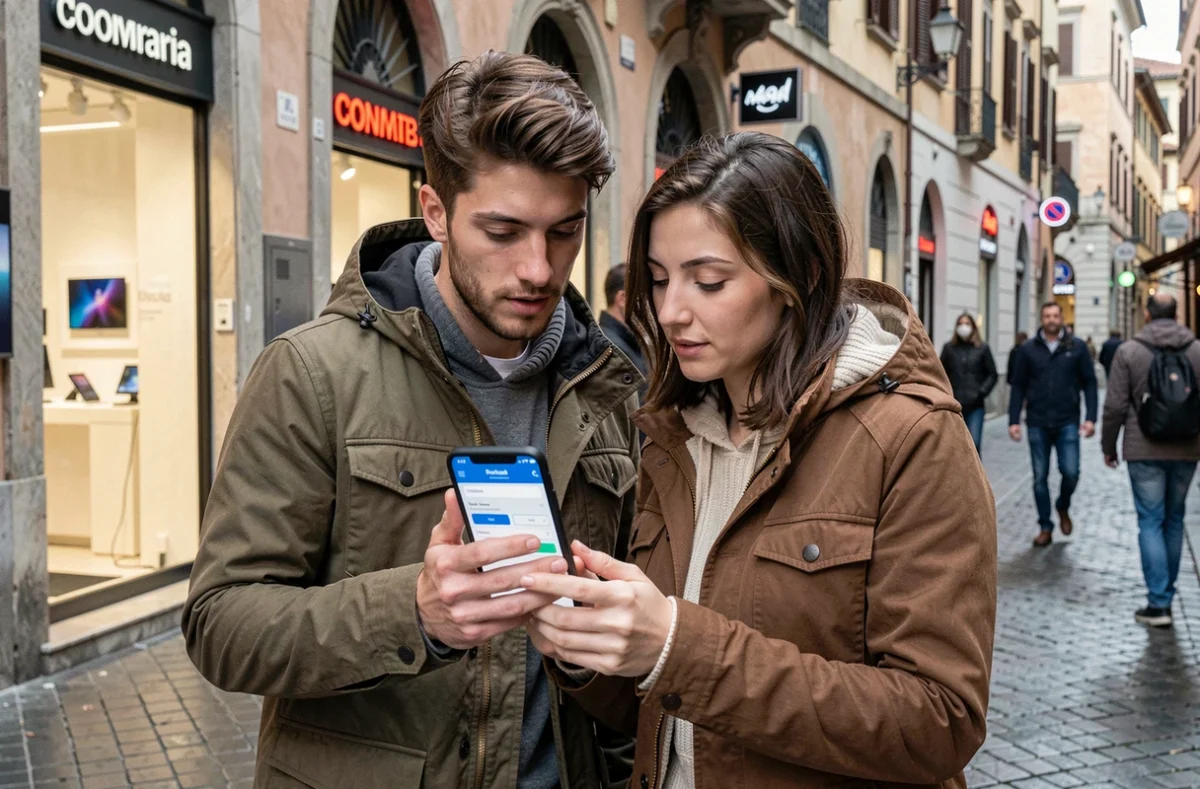 Coppia italiana giovane che valuta opzioni di finanziamento al consumo in centro città