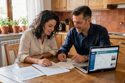 Coppia italiana che esamina documenti per il mutuo casa sul tavolo della cucina con laptop aperto