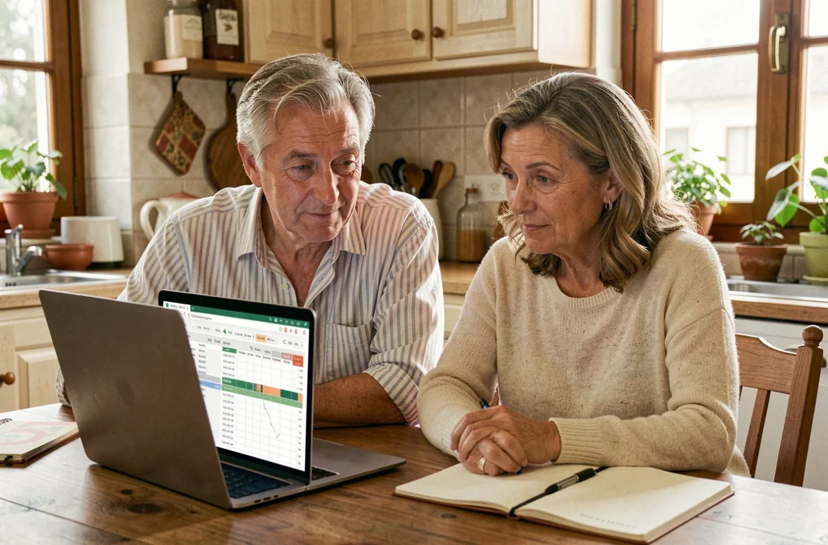 Coppia italiana che consulta soluzioni di consolidamento debiti online a casa, confrontando offerte finanziarie sul laptop
