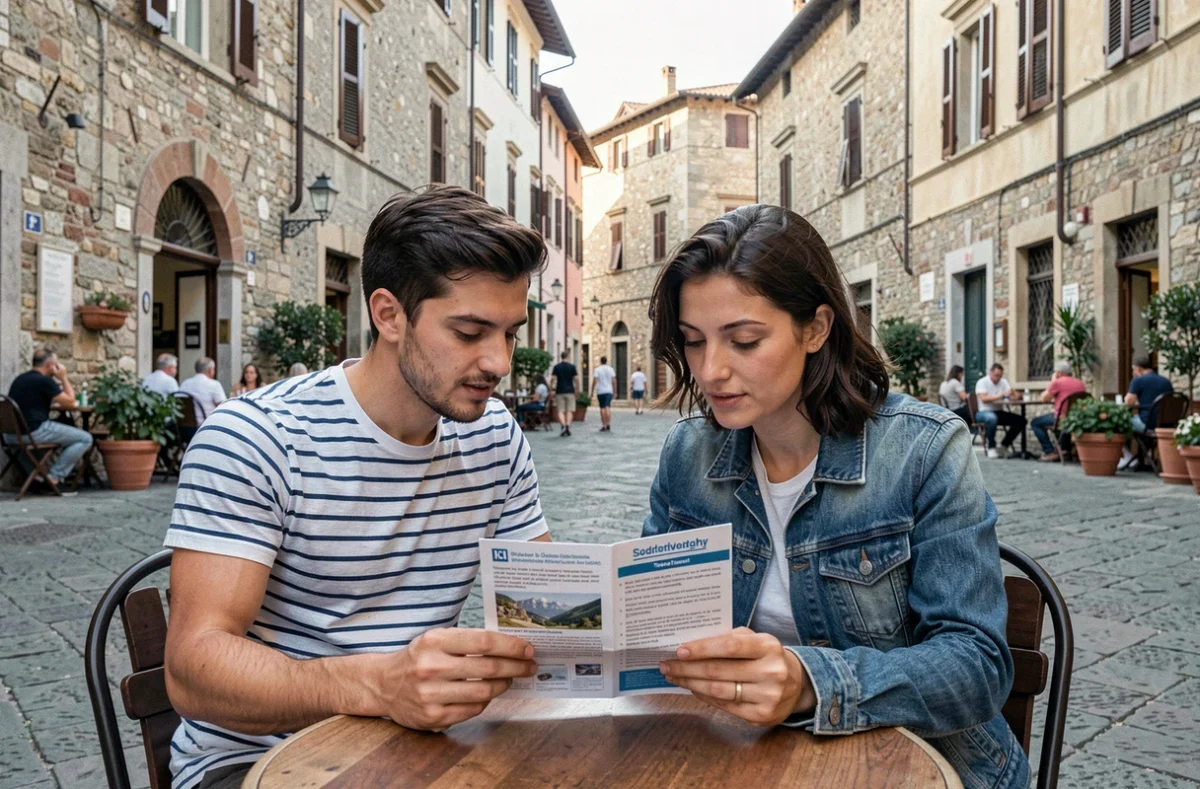 Coppia di viaggiatori italiani che legge una brochure di assicurazione viaggio in una piazza europea