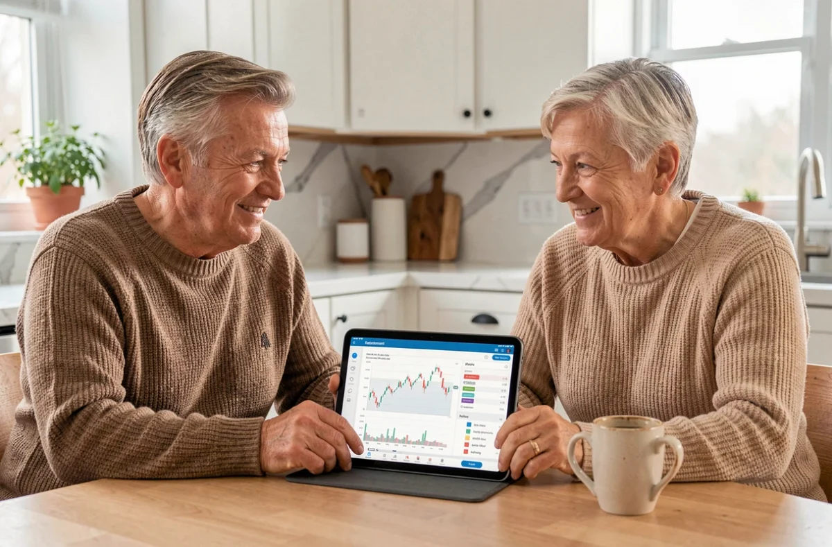 Coppia matura pianifica investimenti pensionistici con app di borsa sul tablet in cucina