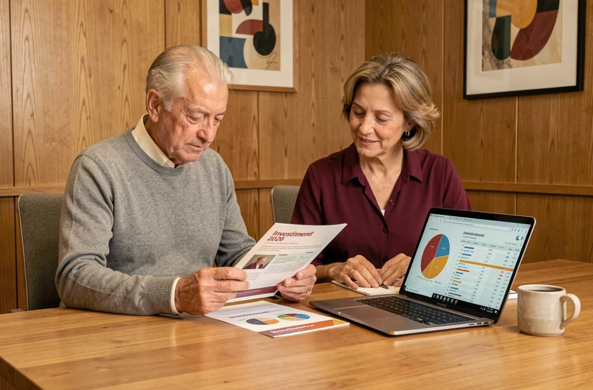 Coppia italiana matura esamina un opuscolo sugli investimenti sicuri 2026 in una sala riunioni bancaria accogliente, con grafico a torta su laptop e brochure delle proposte delle banche italiane