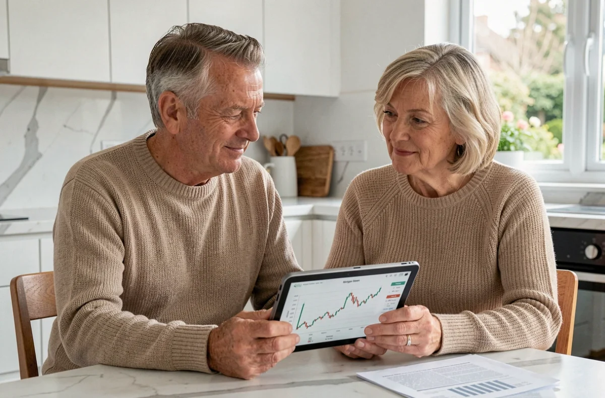 Coppia di pensionati che pianifica insieme la gestione finanziaria con tablet mostrando grafici di borsa e documenti di ipoteca inversa in cucina moderna