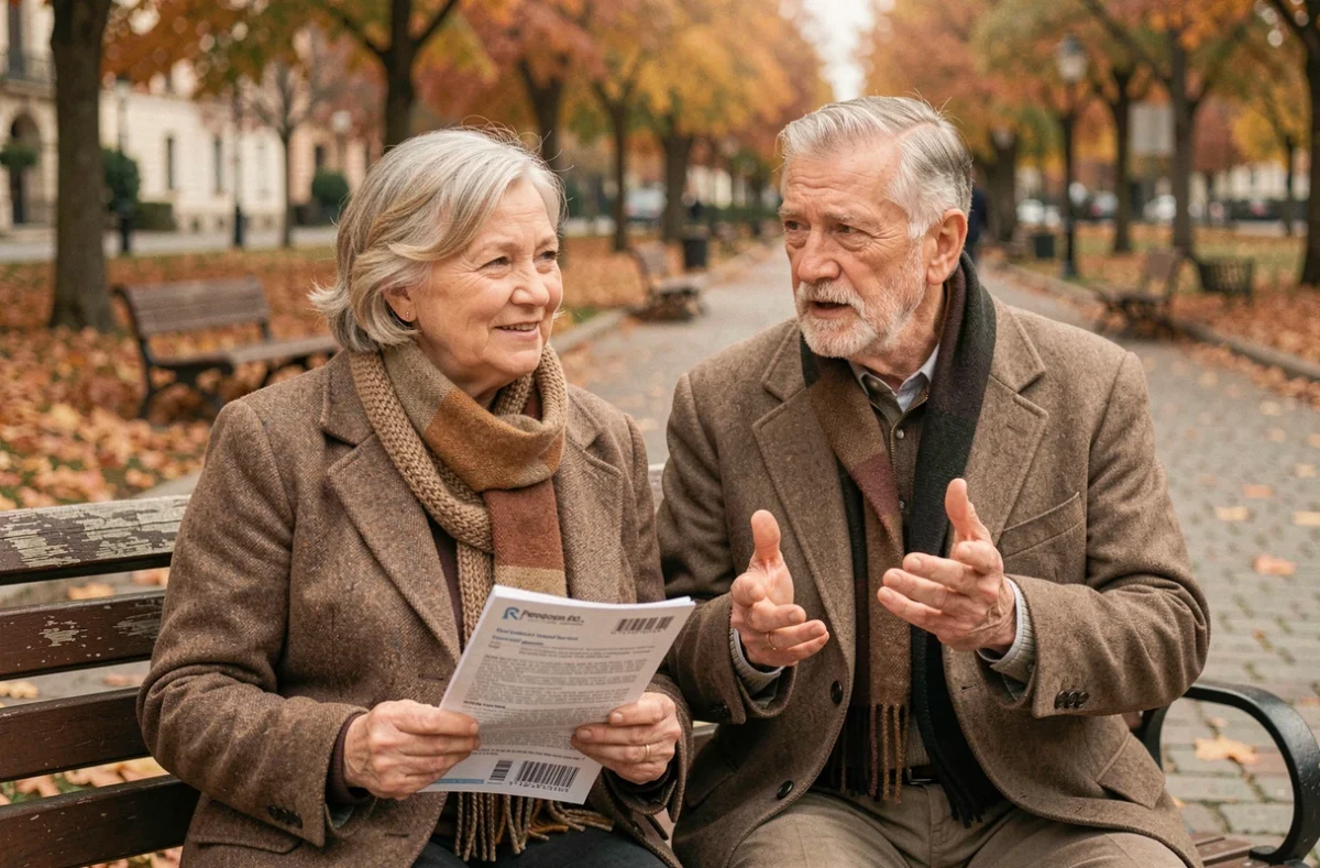 Coppia di pensionati che discute dei requisiti per la pensione di vecchiaia nel 2026 in un parco autunnale