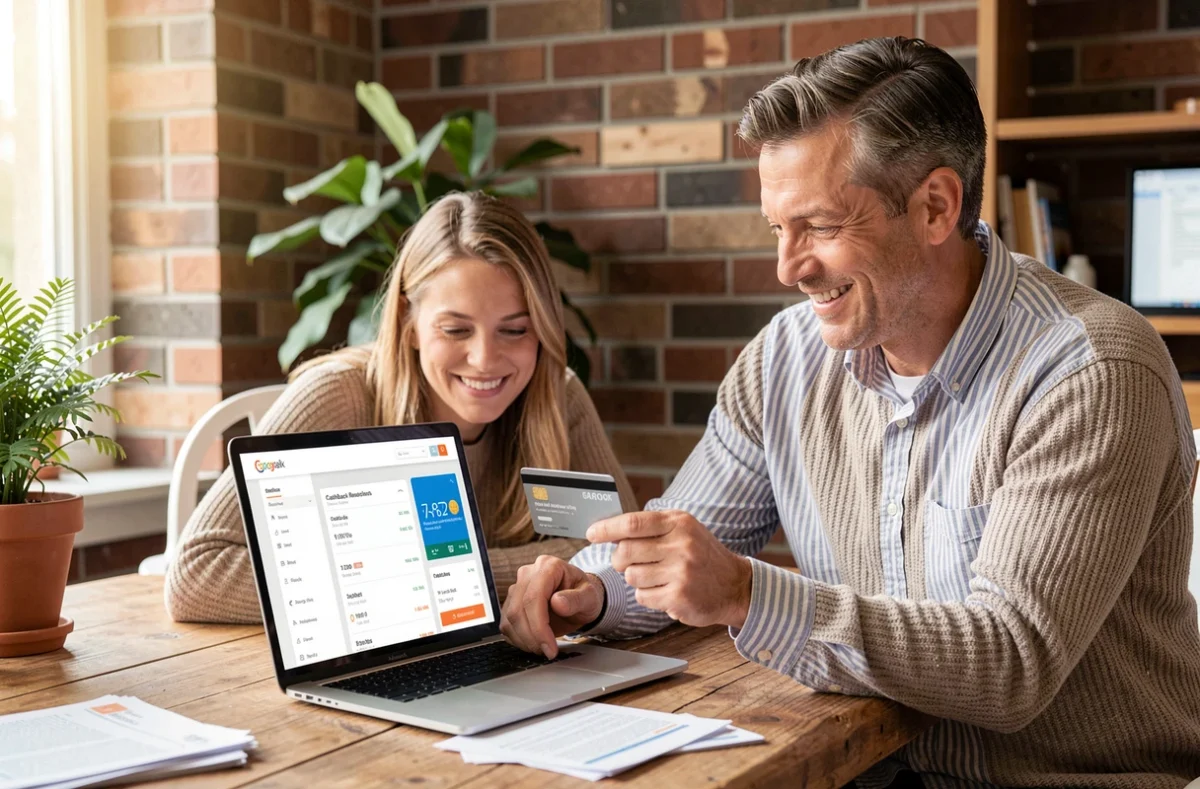 Coppia che controlla i rimborsi cashback sul conto online tramite laptop e carta di credito a casa