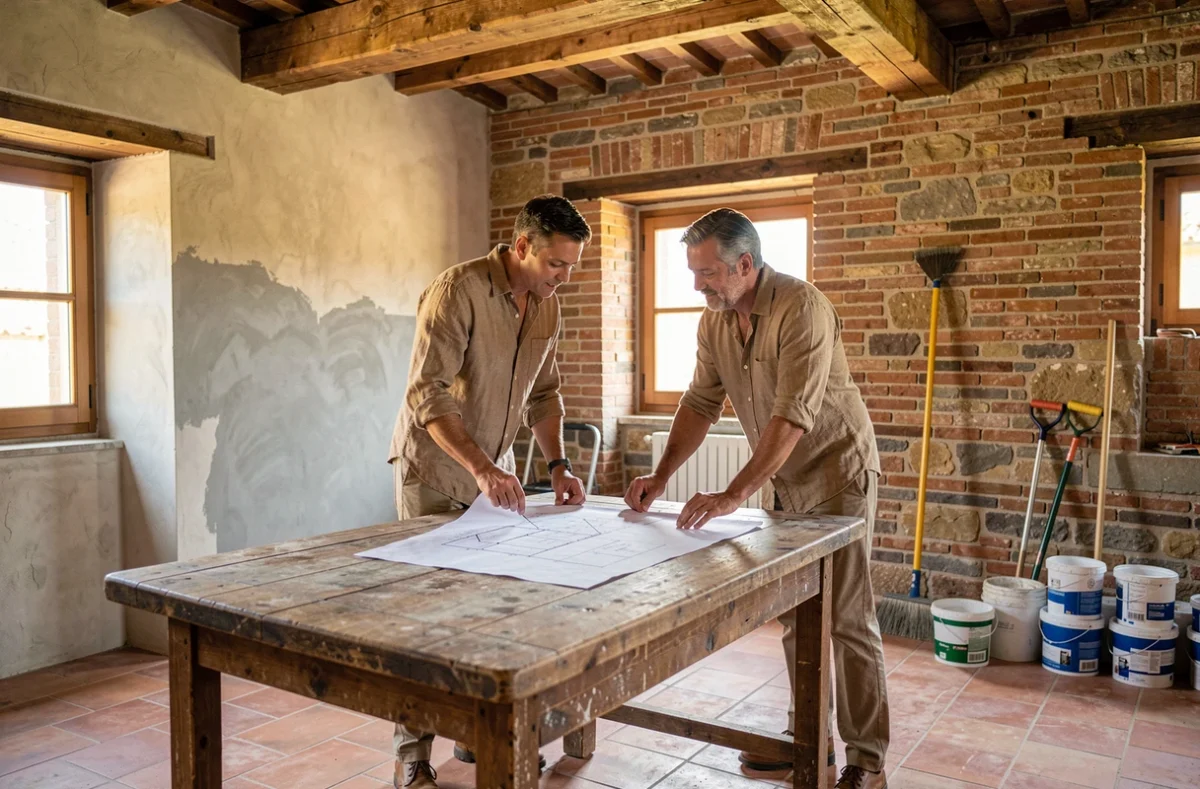 Coppia esamina planimetrie di ristrutturazione in un casale italiano in pietra, tendenze immobiliari 2026