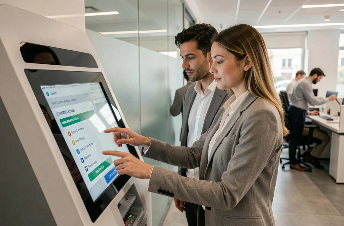 Coppia che utilizza un totem self-service in banca per gestire un conto corrente senza spese in Italia