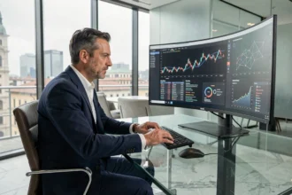 Dirigente bancario italiano che analizza dati blockchain su monitor curvo in un ufficio moderno a Milano