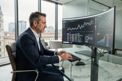 Dirigente bancario italiano che analizza dati blockchain su monitor curvo in un ufficio moderno a Milano