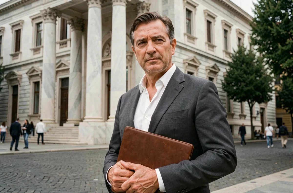 Dirigente bancario italiano davanti alla sede storica di una banca italiana, simbolo di finanza tradizionale e sviluppo sostenibile