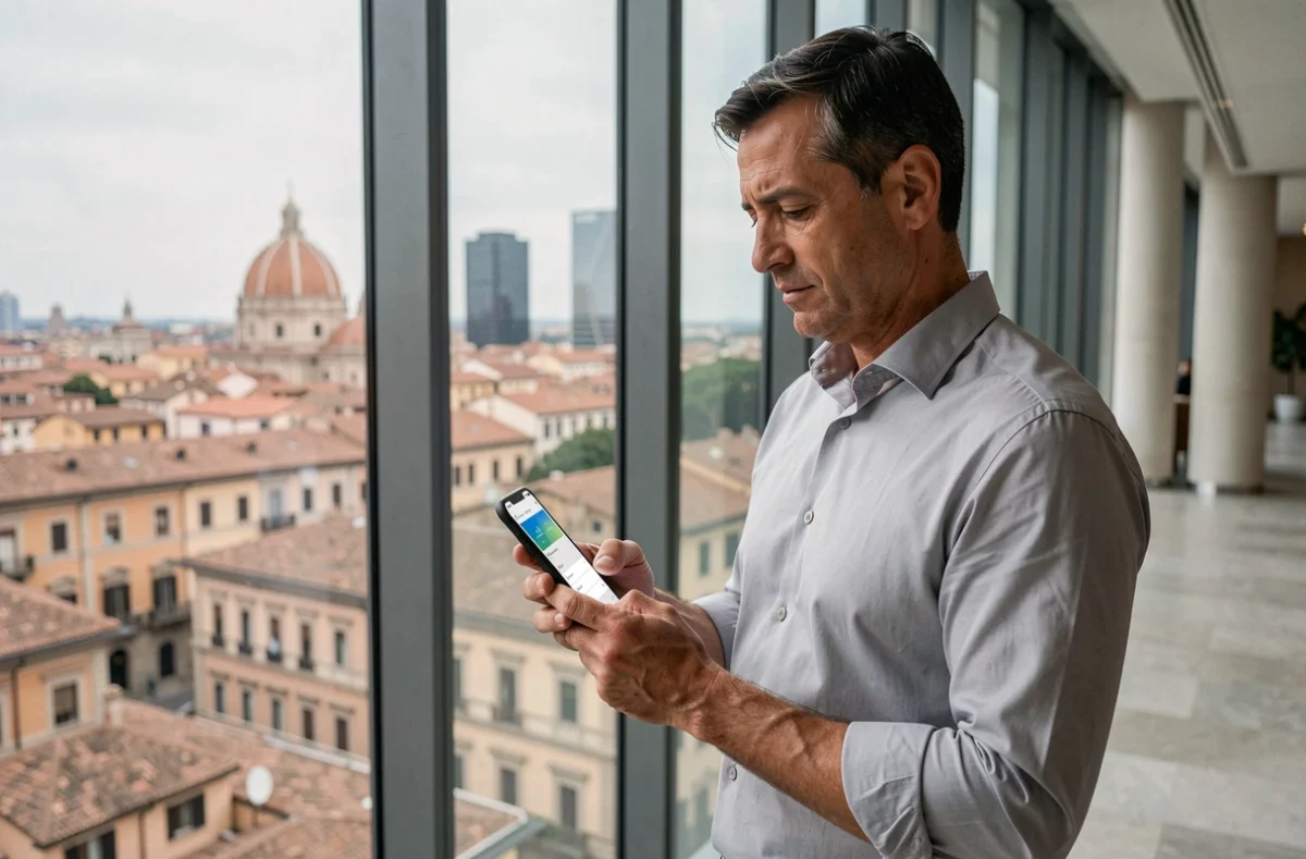 Dirigente bancario italiano che consulta app di mobile banking con skyline di Roma sullo sfondo
