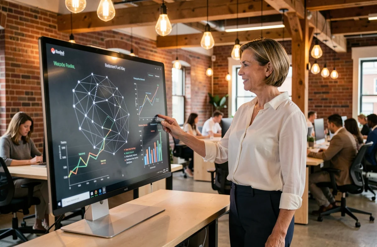 Donna professionista che analizza grafici blockchain e fondi pensione su un grande monitor in uno spazio di co-working