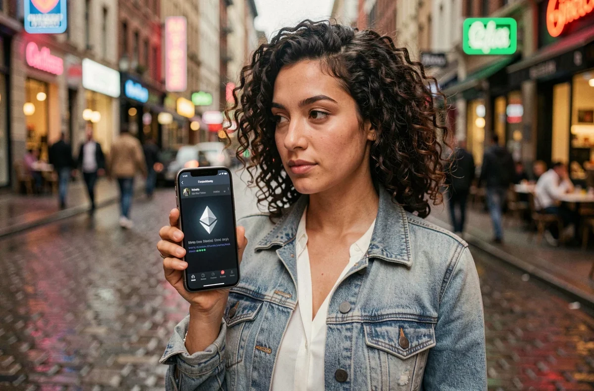 Donna giovane che utilizza un'app di criptovalute Ethereum su smartphone in una strada cittadina