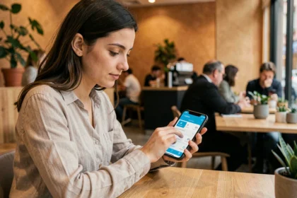 Giovane donna italiana che usa l'app di mobile banking su smartphone in un caffè moderno a Milano