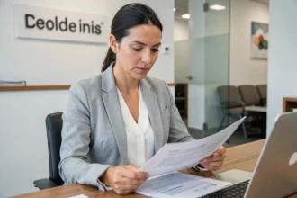 Donna in banca che esamina un documento di credito al consumo per un prestito personale nel 2026