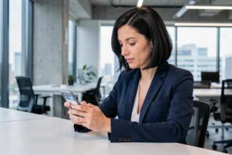 Donna che utilizza un'app di banca digitale su smartphone in un moderno ufficio co-working nel 2026