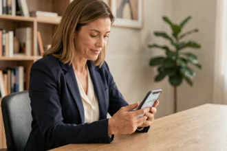 Donna che utilizza l'app di banca digitale su smartphone in un home office moderno