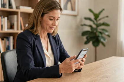 Donna che utilizza l'app di banca digitale su smartphone in un home office moderno