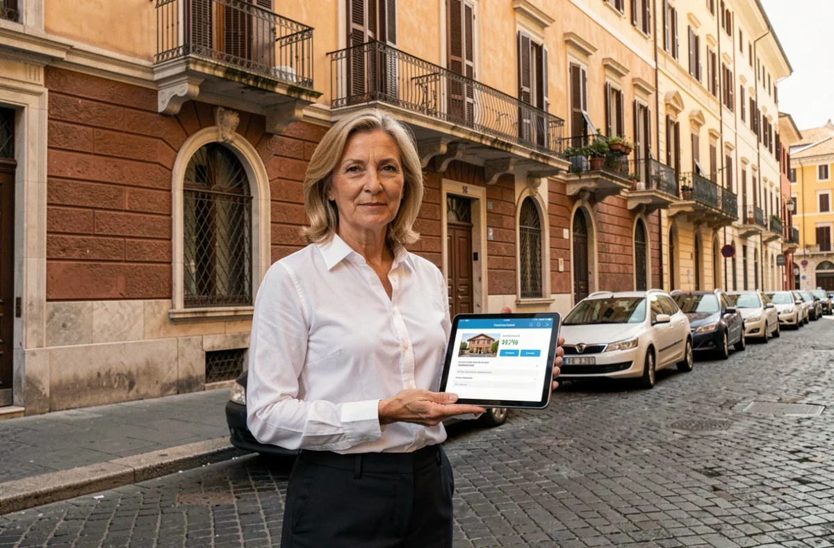 Donna professionista con tablet che mostra una transazione blockchain per acquisto immobile davanti a edificio residenziale romano