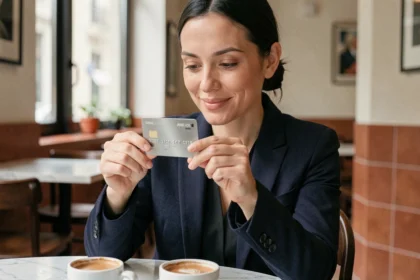 Donna che esamina la sua carta di credito cashback in un moderno caffè italiano, concetto di risparmio e rimborso
