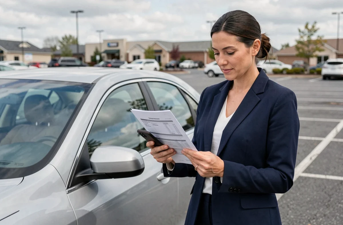 Donna con blazer blu navy confronta polizza assicurativa auto in un parcheggio con smartphone e documento cartaceo