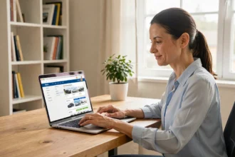 Donna che confronta polizze assicurative auto online su un laptop in un ufficio casalingo moderno
