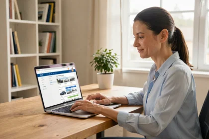 Donna che confronta polizze assicurative auto online su un laptop in un ufficio casalingo moderno