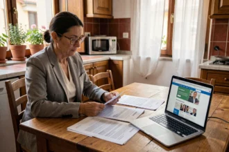 Donna italiana che confronta polizze assicurative sulla casa seduta al tavolo della cucina con documenti e laptop