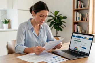 Donna che confronta polizze assicurative auto 2026 su laptop e documenti cartacei al tavolo di casa