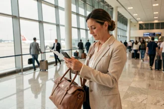 Donna che controlla i documenti dell'assicurazione viaggio sul suo smartphone in un aeroporto italiano