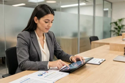 Donna che esamina documenti di credito al consumo presso uno sportello bancario moderno, con tablet e pratiche finanziarie sul tavolo