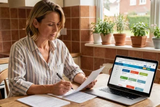 Donna che esamina documenti di assicurazione casa al tavolo della cucina con laptop aperto