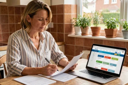 Donna che esamina documenti di assicurazione casa al tavolo della cucina con laptop aperto