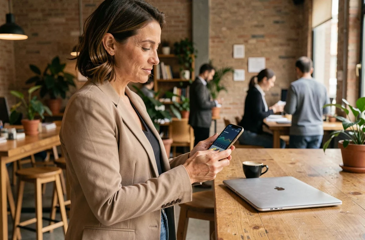 Donna italiana che consulta un portafoglio di criptovalute sullo smartphone in uno spazio di coworking a Roma