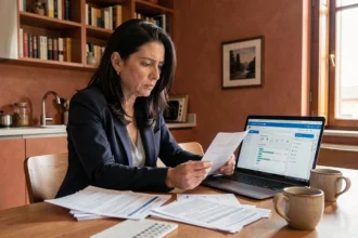 Una donna italiana esamina documenti sul credito al consumo seduta al tavolo di casa con un laptop aperto, rappresentando la riforma del credito 2026
