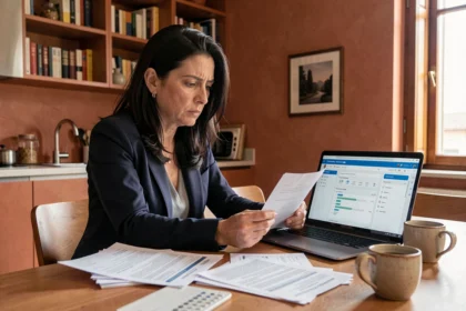 Una donna italiana esamina documenti sul credito al consumo seduta al tavolo di casa con un laptop aperto, rappresentando la riforma del credito 2026